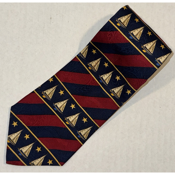 Tommy Hilfiger Nautical Tie Red Navy Sailboats Italian Silk Made in USA REPP - Picture 1 of 7